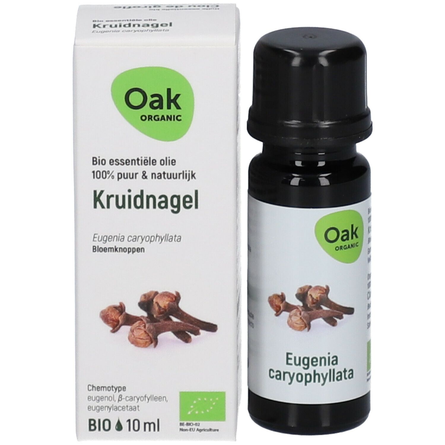 Productverpakking met fles en doos. Fles met kruidnagelafbeelding. Doos met Oak Organic logo en tekst: Kruidnagel.