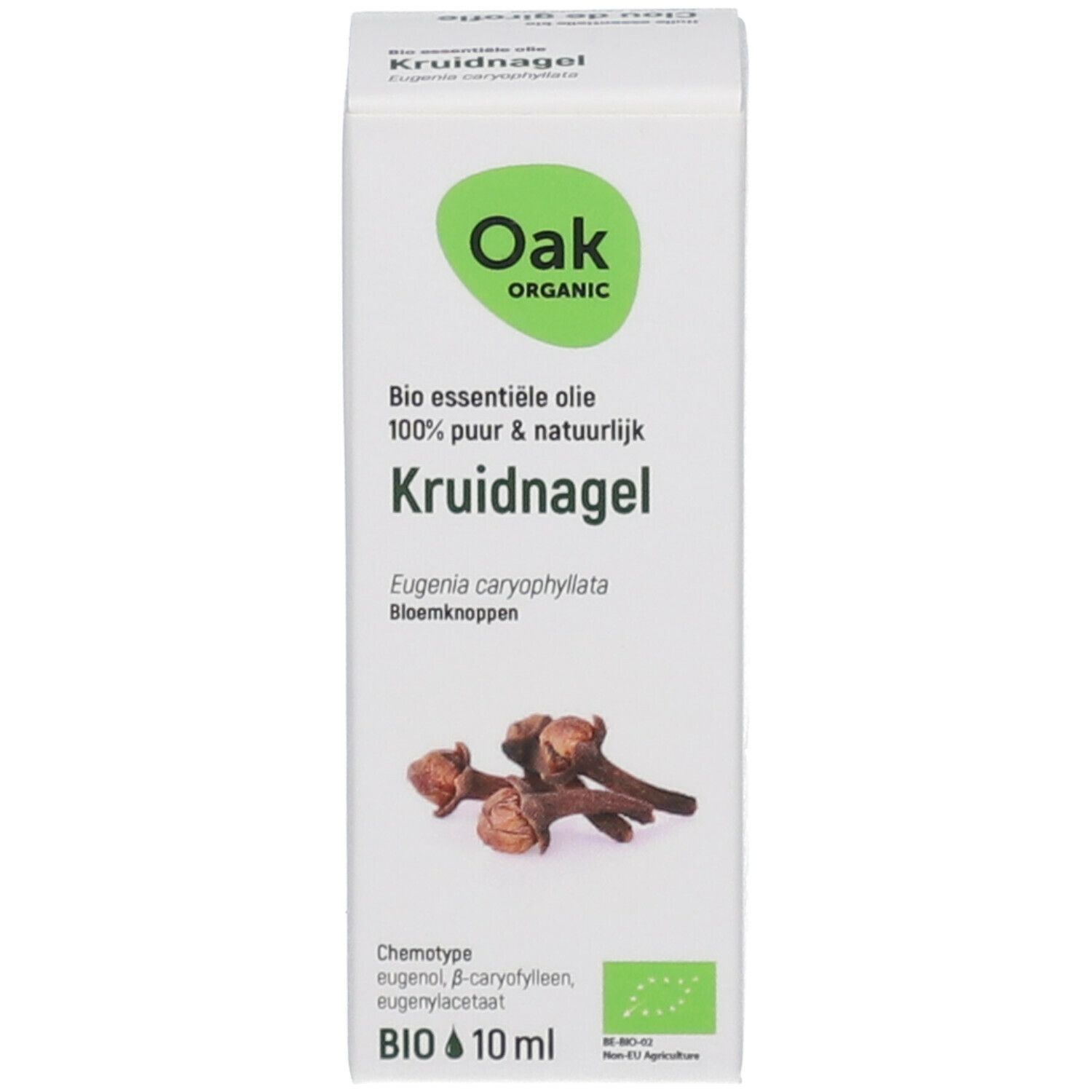 Productverpakking met doos. Doos met Oak Organic logo en tekst: Kruidnagel. Bio-keurmerk en inhoudsinformatie.