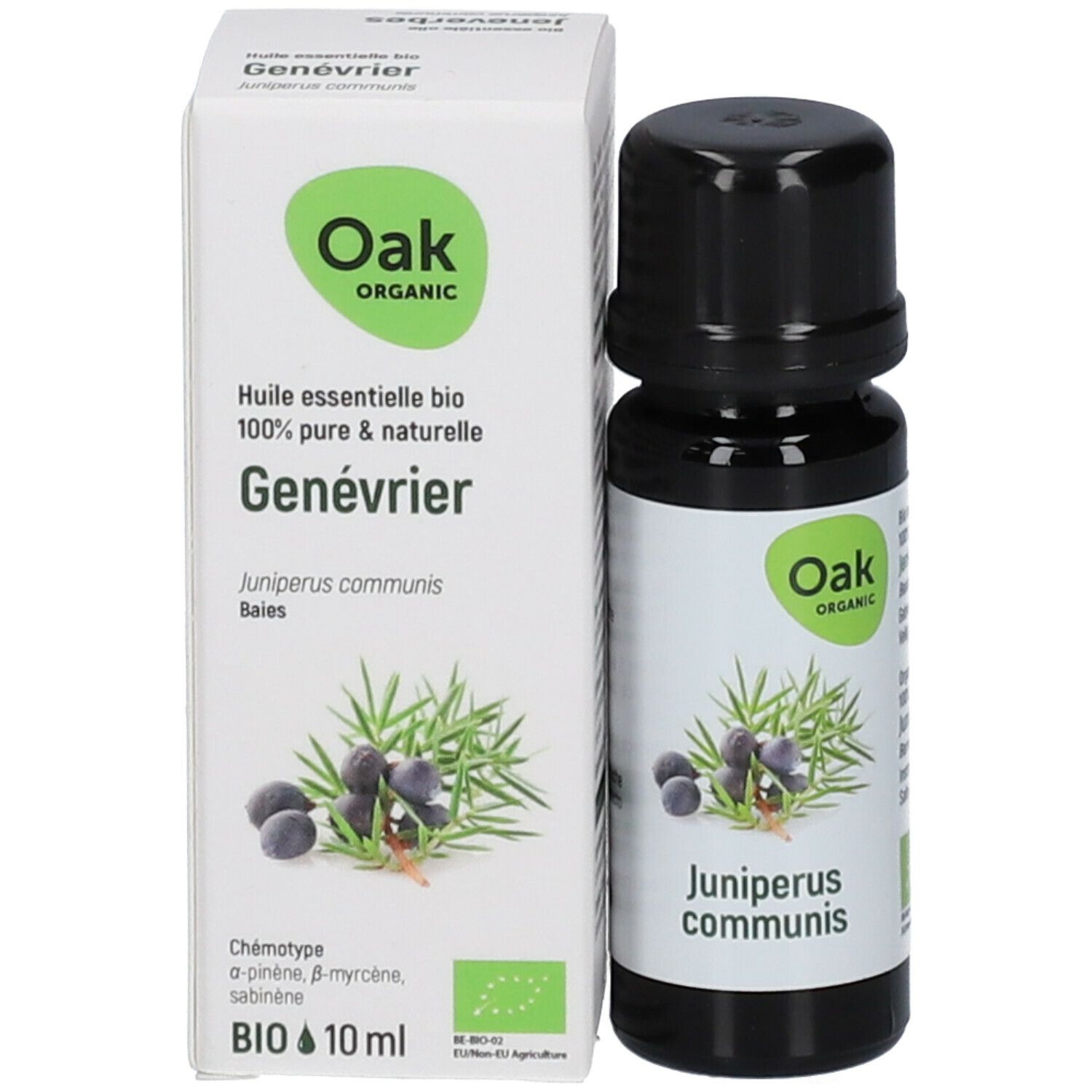 Braune Glasflasche und Kartonverpackung. Oak-Logo, Produktname, Wacholder-Illustration und BIO-Zertifizierung.