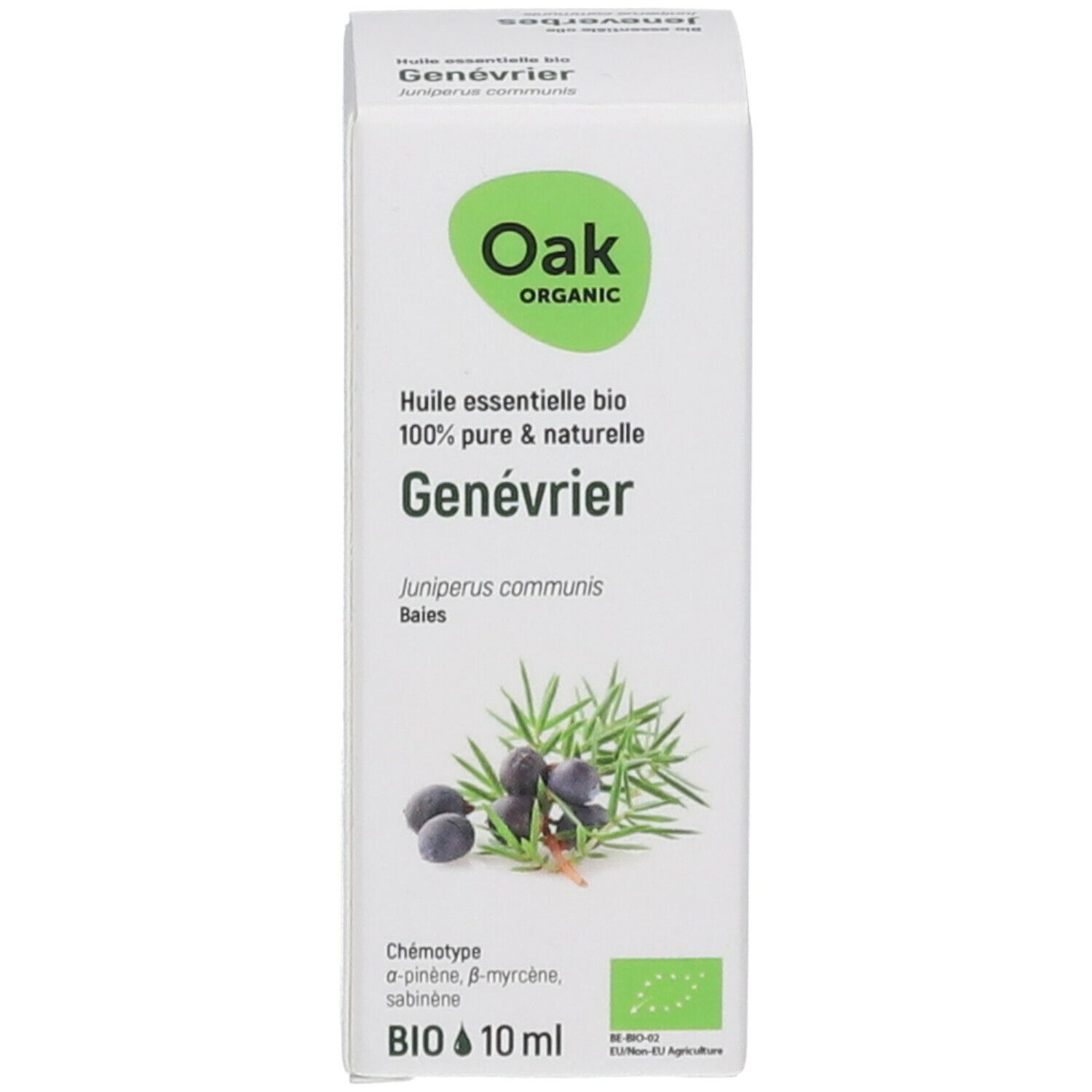 Kartonverpackung mit Oak-Logo, Produktname, Wacholder-Illustration und BIO-Zertifizierung. 10 ml.