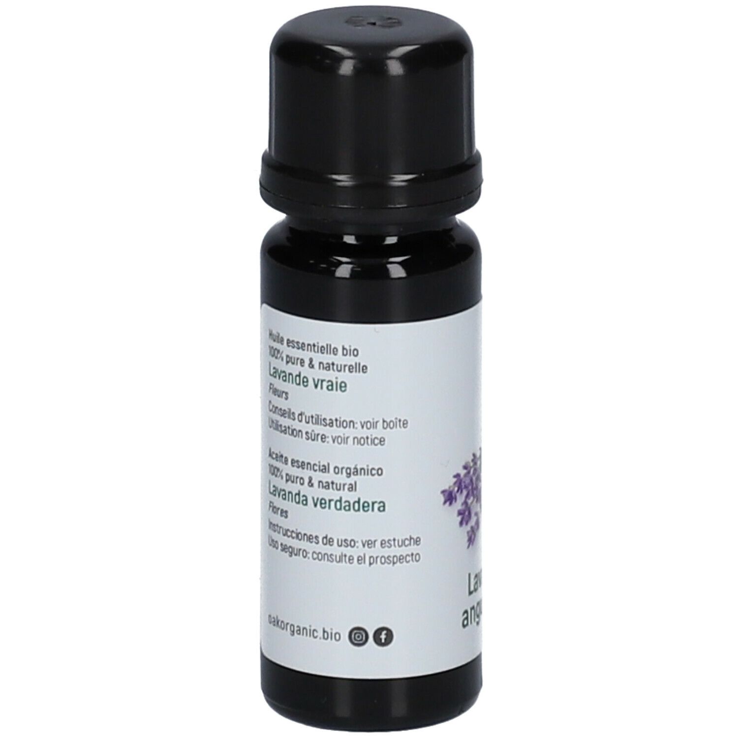 Bruine glazen fles met zwarte dop. Etiket met meertalige tekst. Oak Organic logo en lavendel illustratie.
