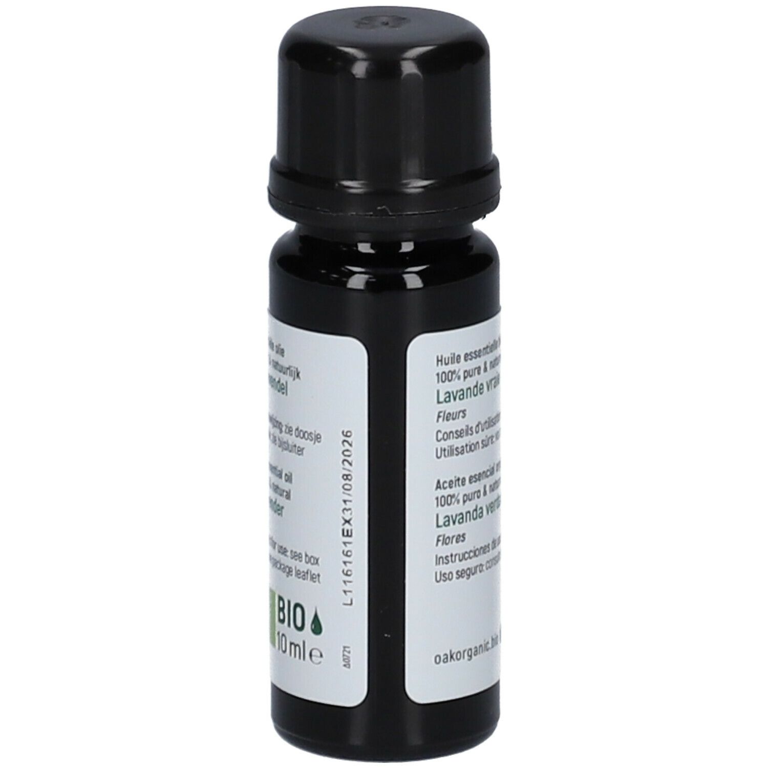 Bruine glazen fles met zwarte dop. Etiket met tekst en houdbaarheidsdatum. Oak Organic logo en lavendel illustratie.