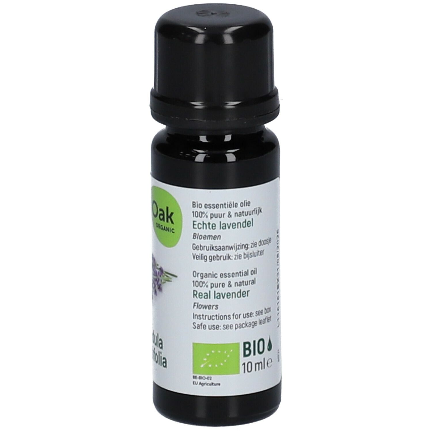 Bruine glazen fles met zwarte dop. Etiket met tekst en bio-keurmerk. Oak Organic logo en lavendel illustratie.