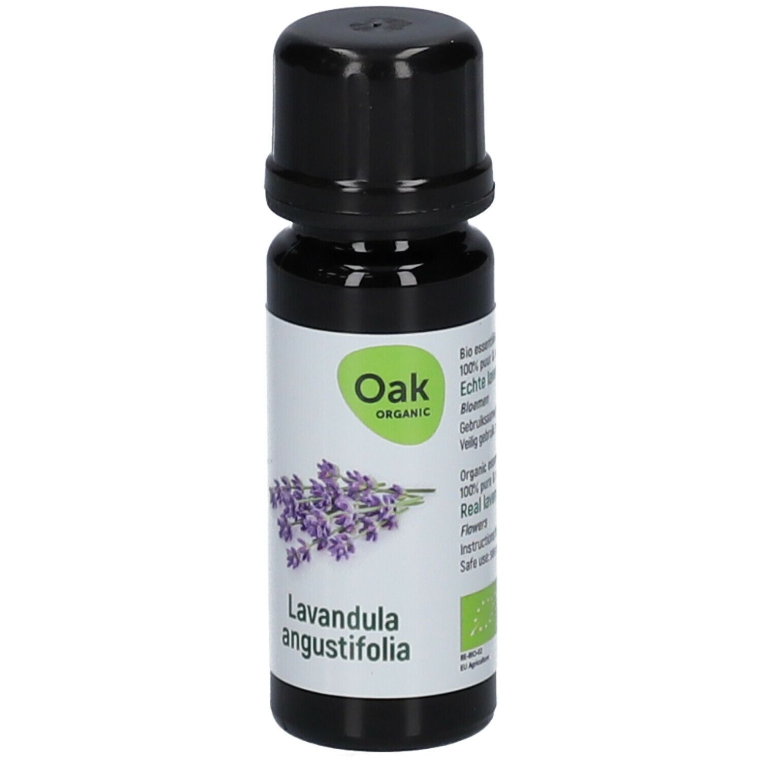Bruine glazen fles met zwarte dop. Etiket met lavendel illustratie en tekst. Oak Organic logo en bio-keurmerk.