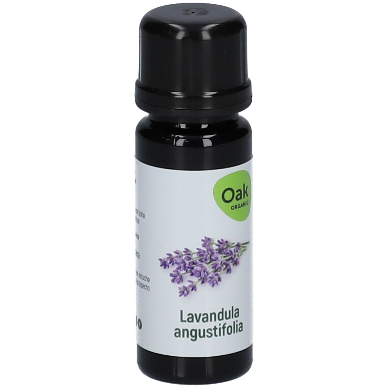Bruine glazen fles met zwarte dop. Etiket met lavendel illustratie en tekst. Oak Organic logo en bio-keurmerk.
