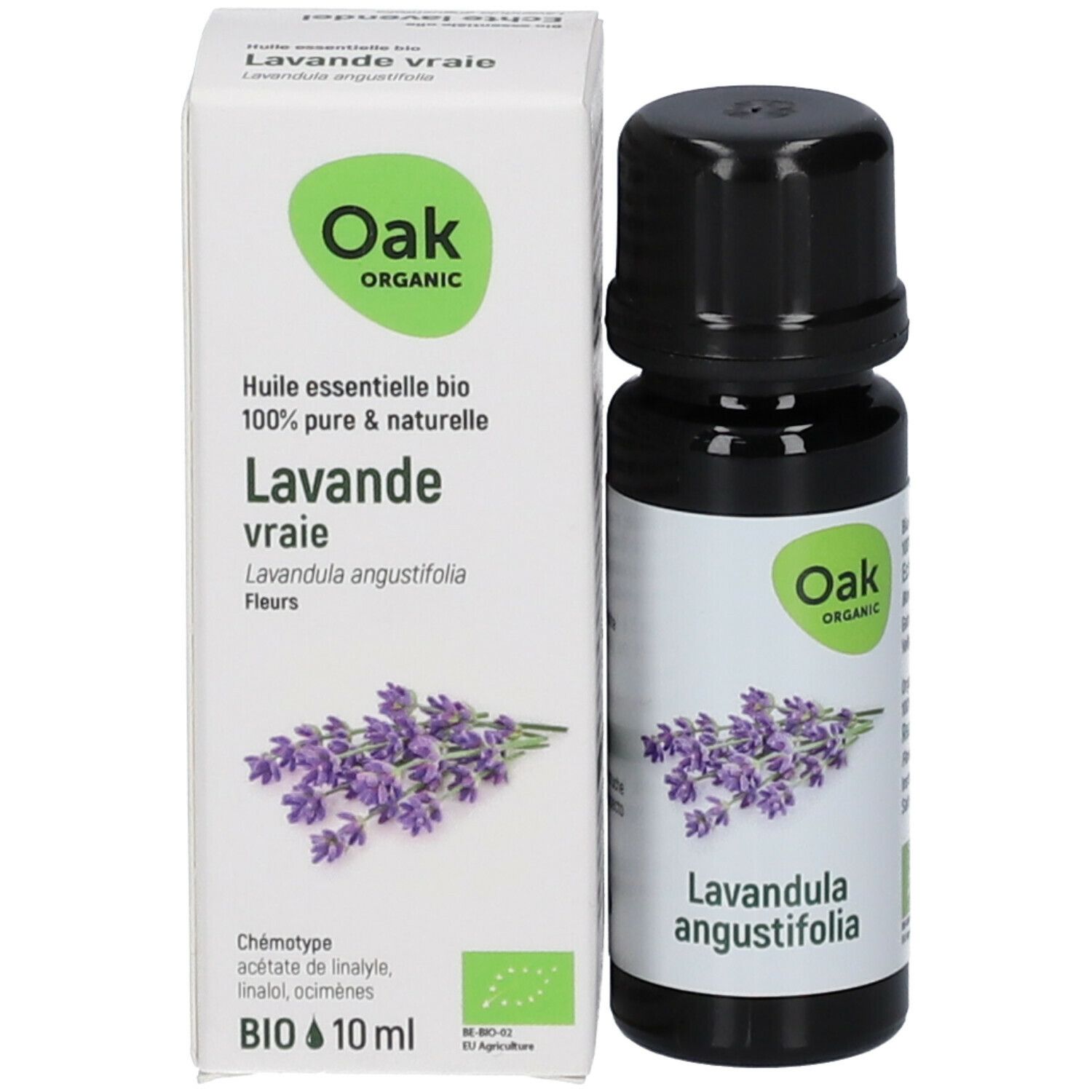 Productverpakking met fles en doos. Doos met tekst, lavendel illustratie en Oak Organic logo. Bio-keurmerk.