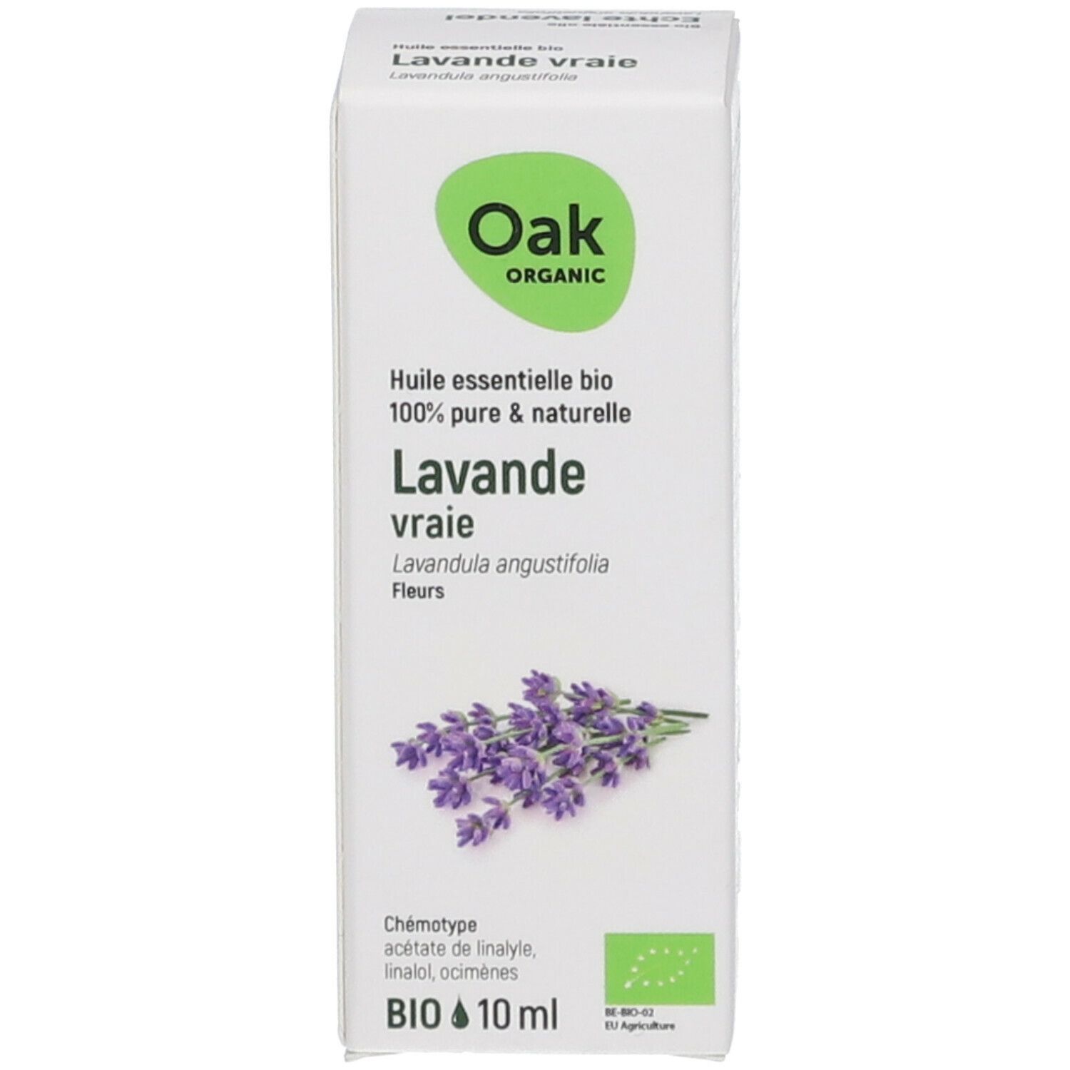 Productverpakking met tekst, lavendel illustratie en Oak Organic logo. Bio-keurmerk en volumeaanduiding.