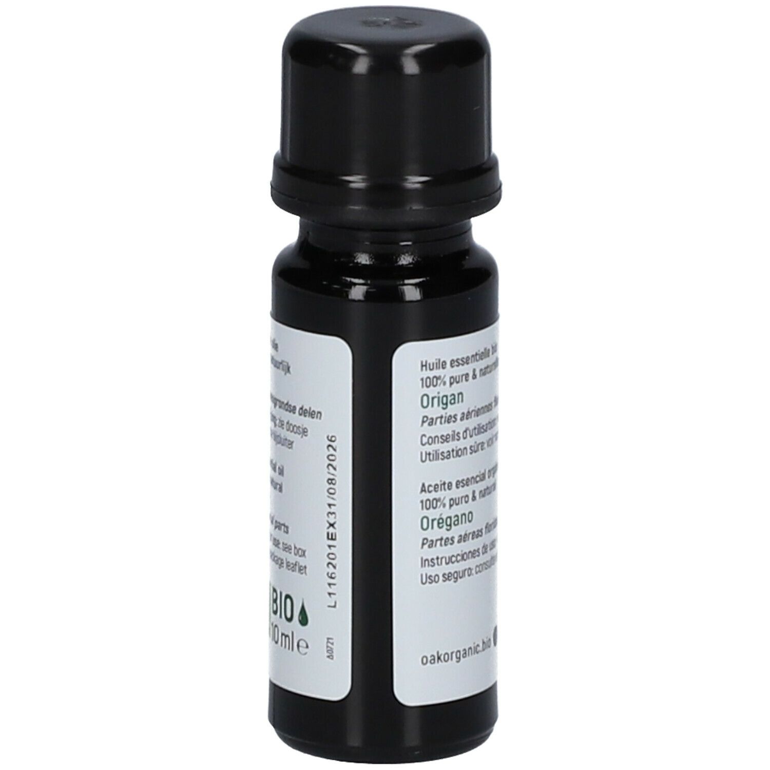 Braune Flasche mit schwarzem Deckel. Etikett mit Text in mehreren Sprachen, u.a. Oregano, BIO-Zertifizierung.