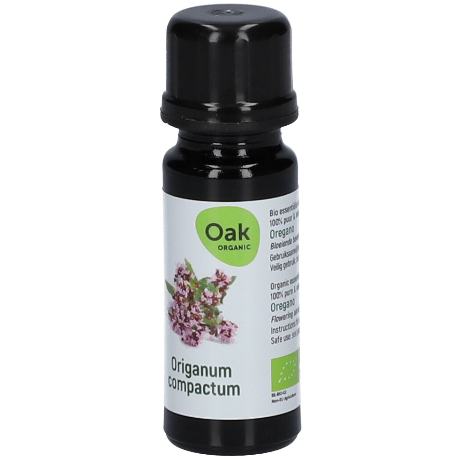 Braune Flasche mit schwarzem Deckel. Etikett mit Oak-Logo, Oregano-Blüten und Text: Origanum compactum.