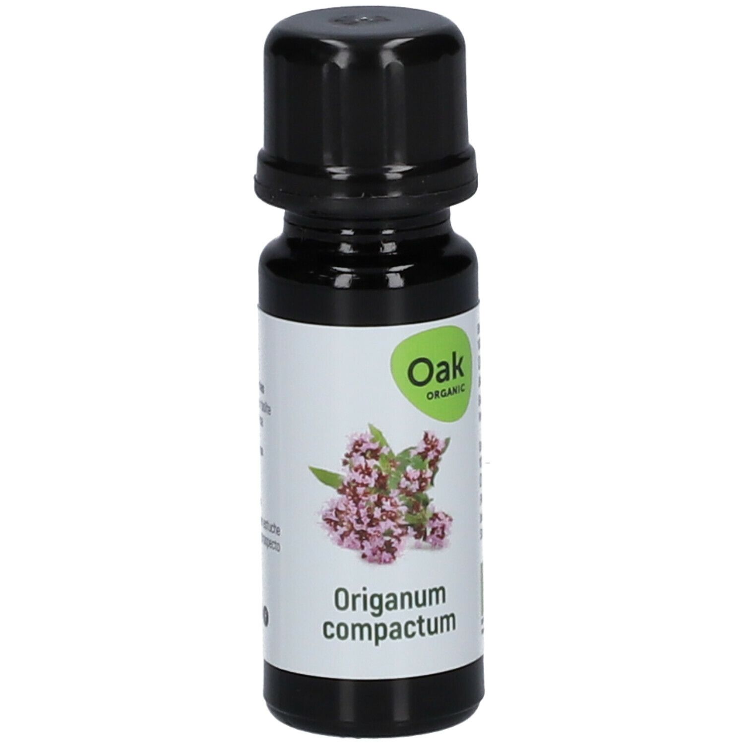 Braune Flasche mit schwarzem Deckel. Etikett mit Oak-Logo, Oregano-Blüten und Text: Origanum compactum.