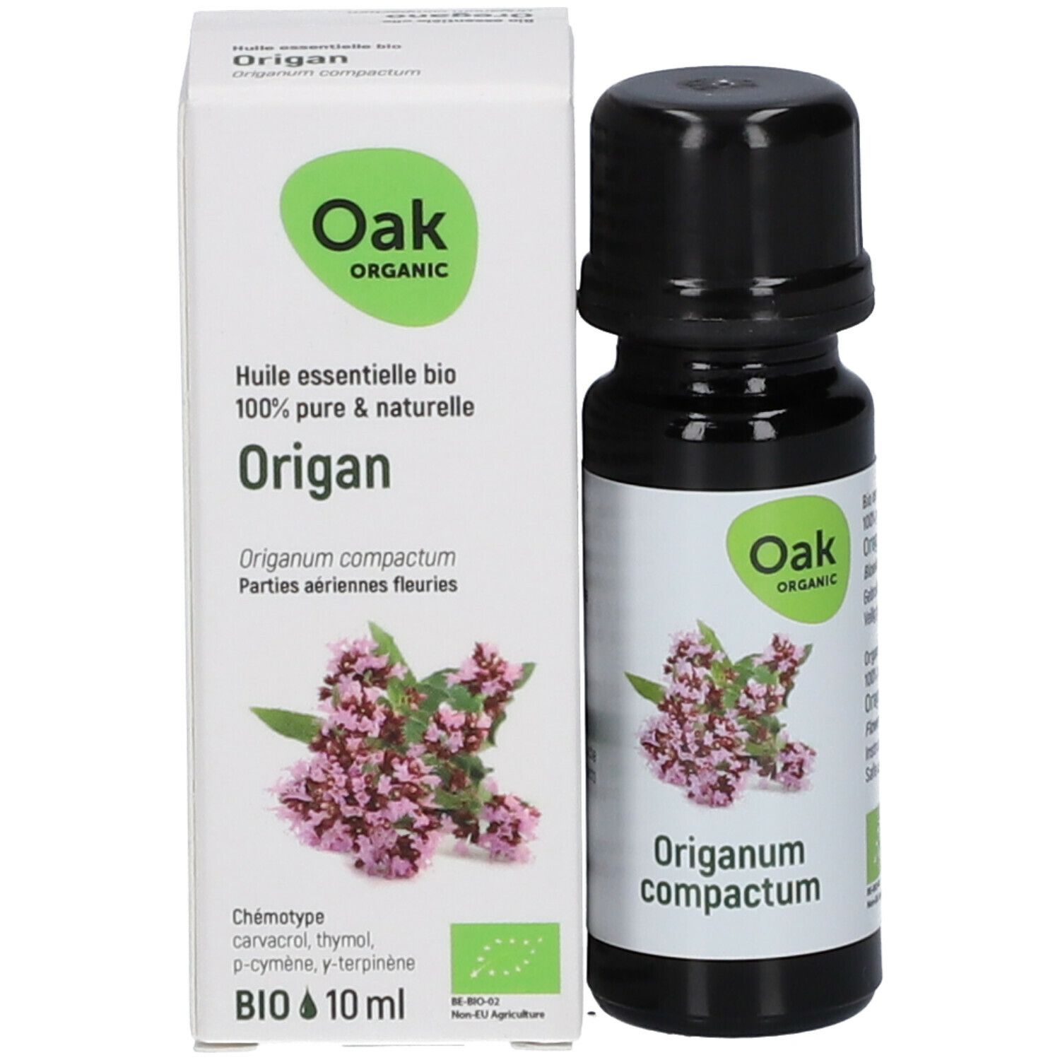 Braune Flasche neben weißer Schachtel. Auf der Schachtel: Oak-Logo, Oregano-Blüten, Text: Origan, BIO, 10 ml.