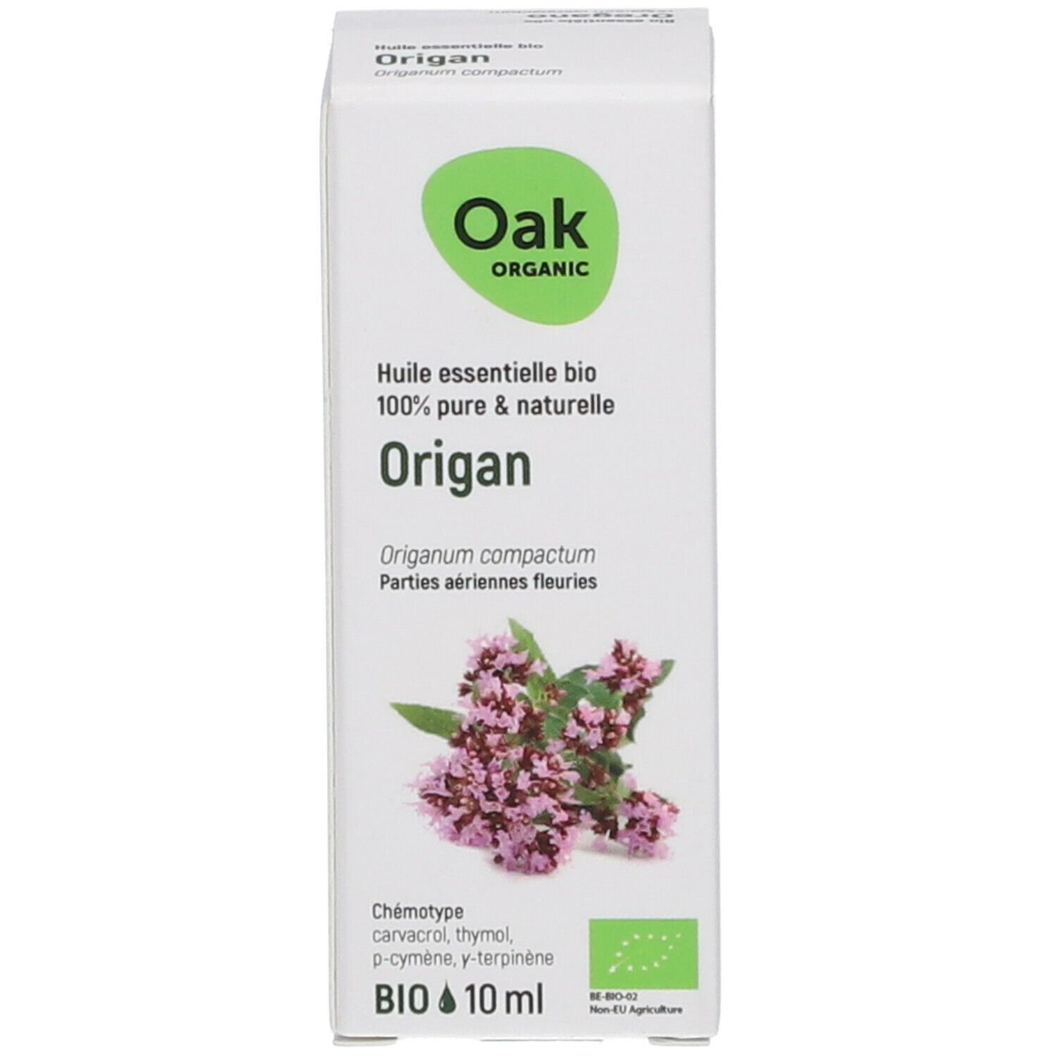 Weiße Schachtel mit Oak-Logo, Oregano-Blüten und Text: Origan, BIO, 10 ml. Zertifizierung.