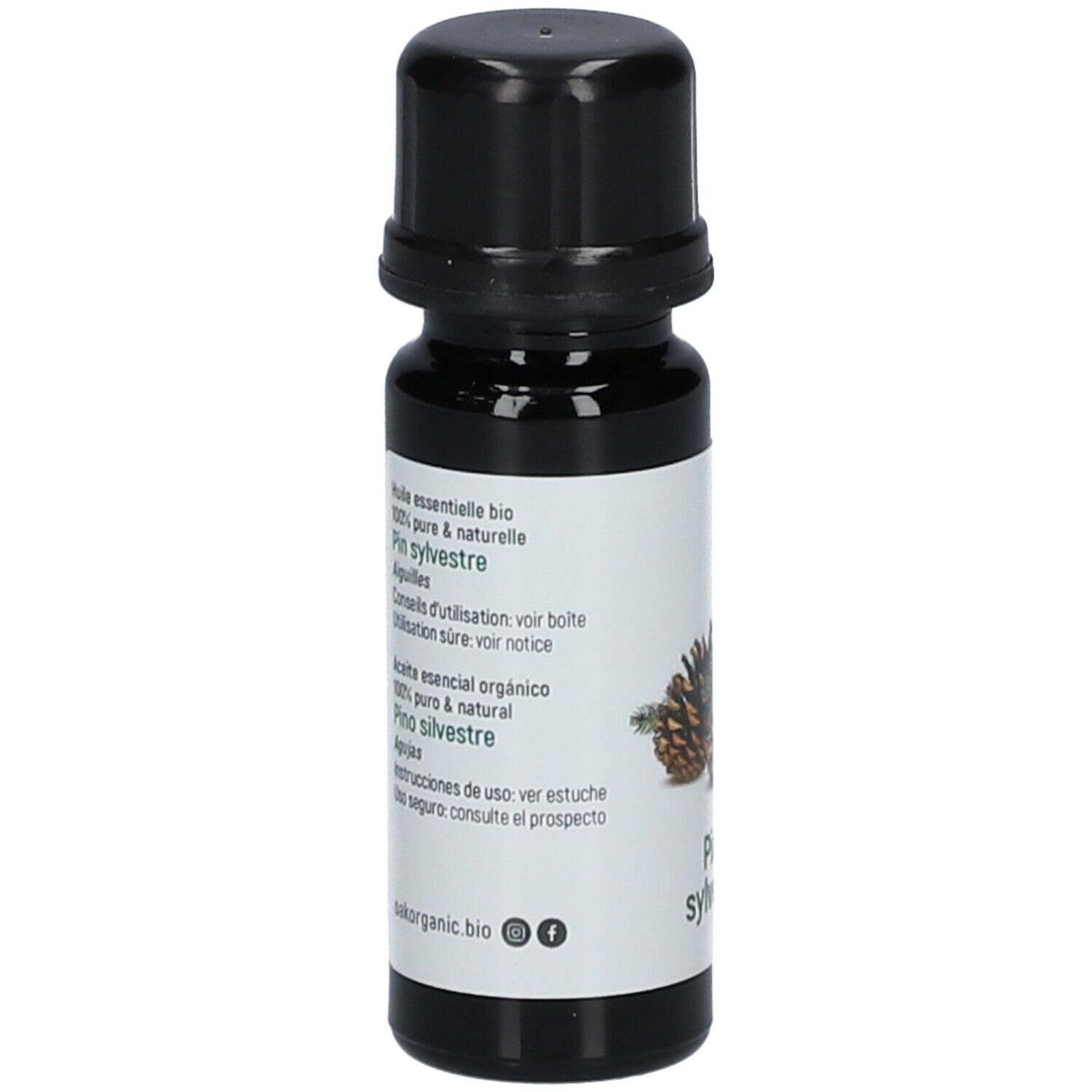 Bruine glazen fles met zwarte dop. Etiket met meertalige tekst, waaronder Pinus sylvestris.