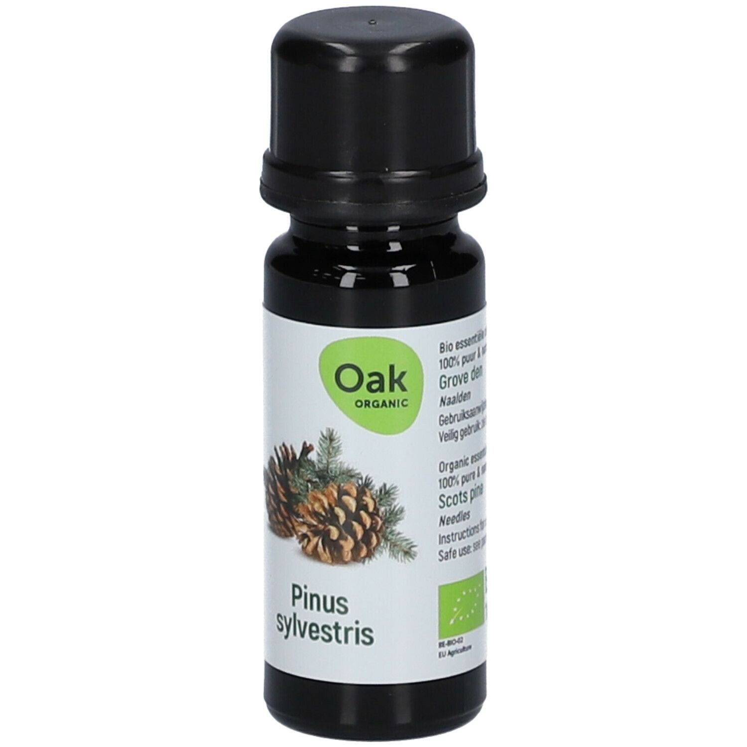 Bruine glazen fles met zwarte dop. Etiket met dennenappels en tekst: Pinus sylvestris.