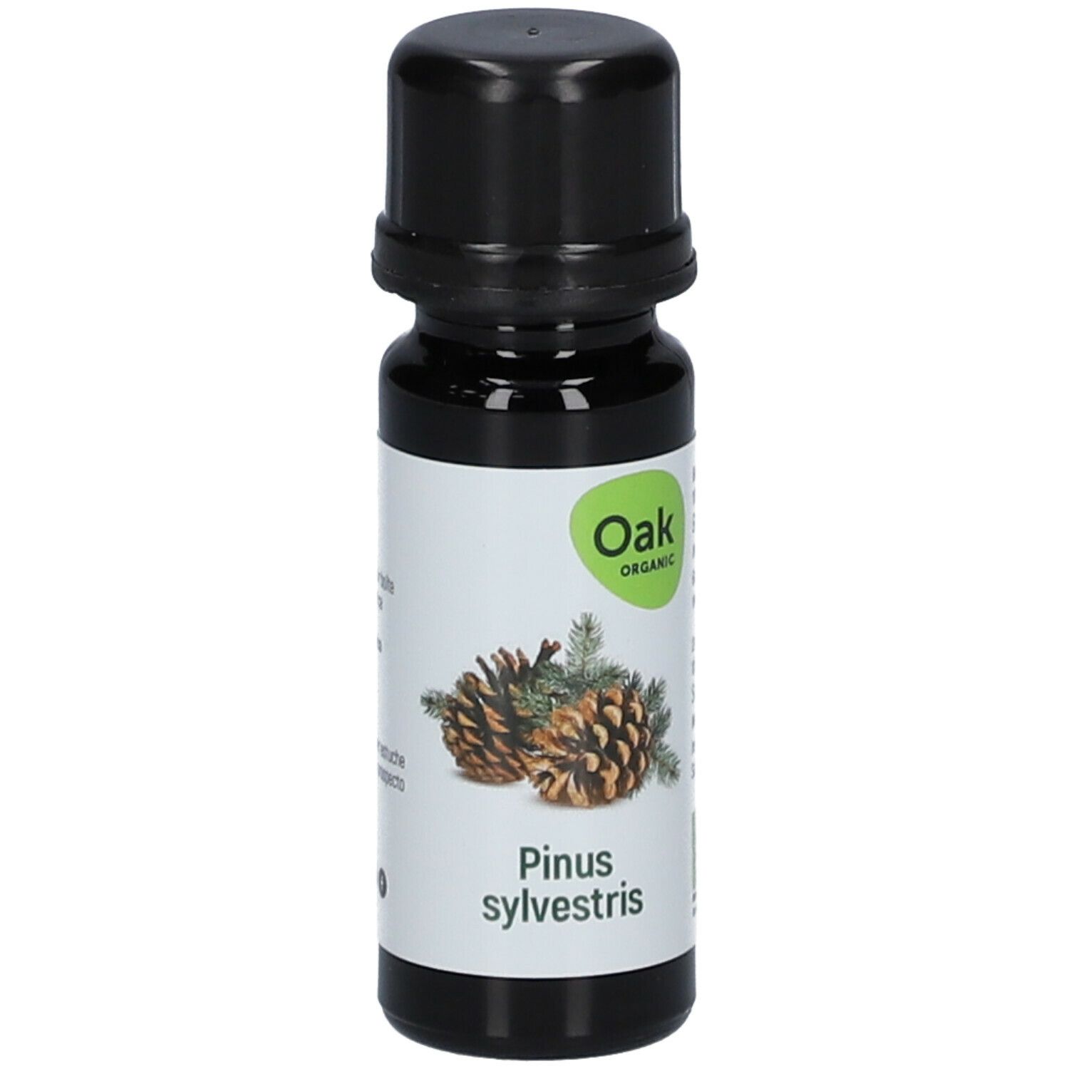 Bruine glazen fles met zwarte dop. Etiket met dennenappels en tekst: Pinus sylvestris.