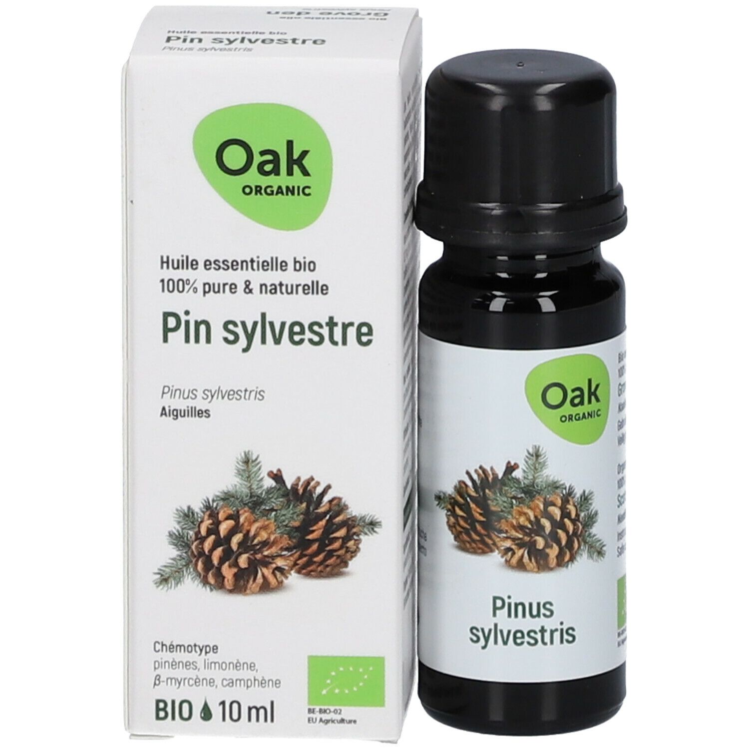 Bruine glazen fles en kartonnen verpakking. Op de verpakking: Pin sylvestre, bio-keurmerk en 10 ml.