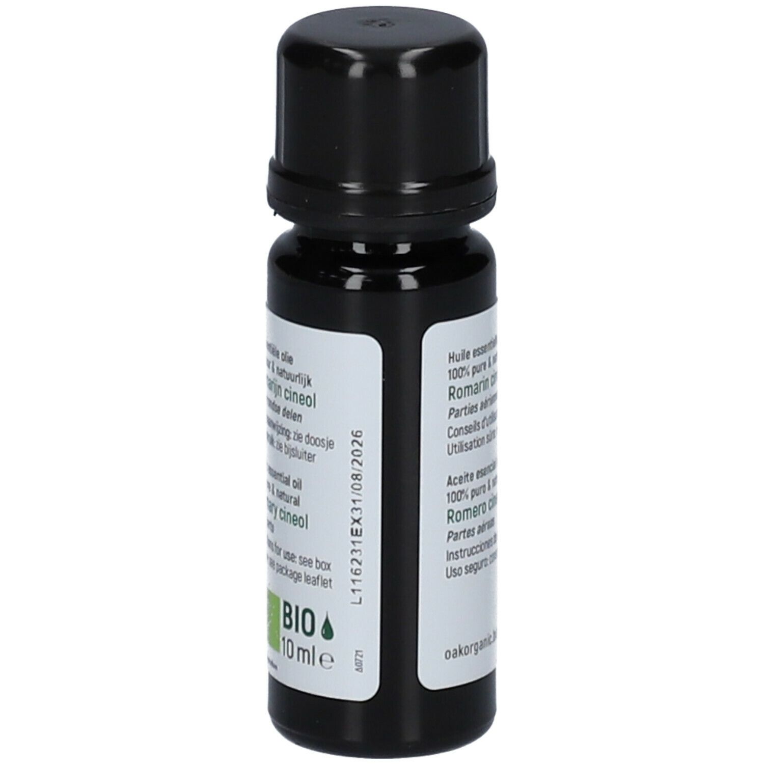 Bruine glazen fles met zwarte dop. Etiket met tekst, BIO-label en 10 ml indicatie.