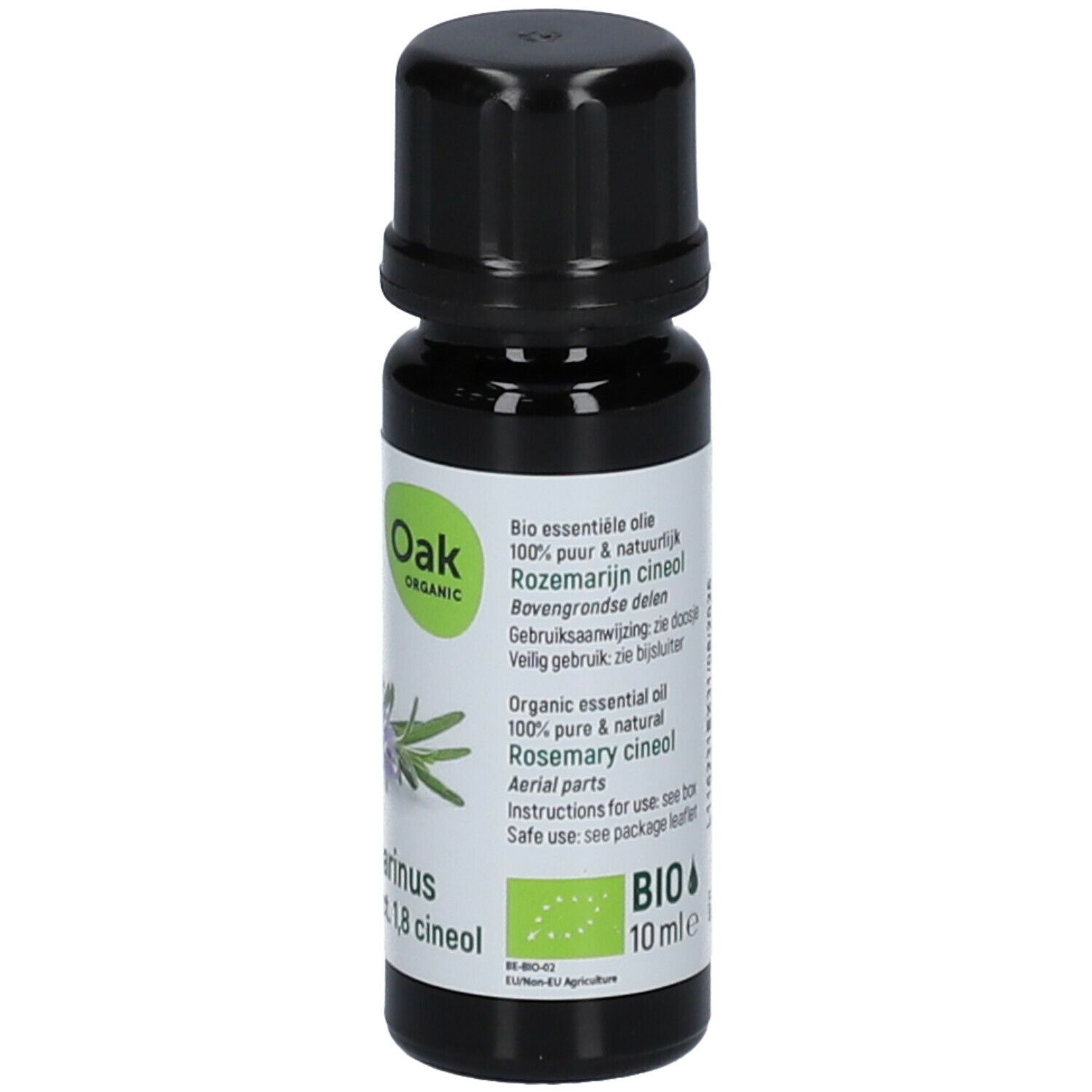 Bruine glazen fles met zwarte dop. Etiket met Oak-logo, BIO-label en tekst.