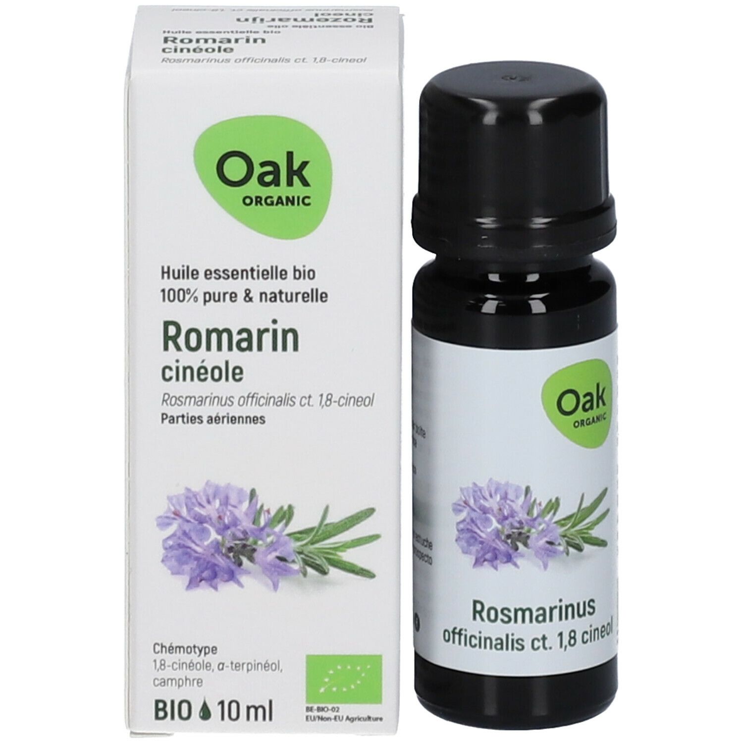 Productfles en verpakking. Witte doos met Oak-logo, productnaam en rozemarijnillustratie.