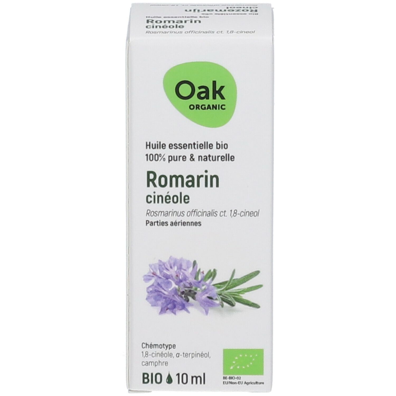 Witte doos met Oak-logo, productnaam, rozemarijnillustratie en BIO-label.