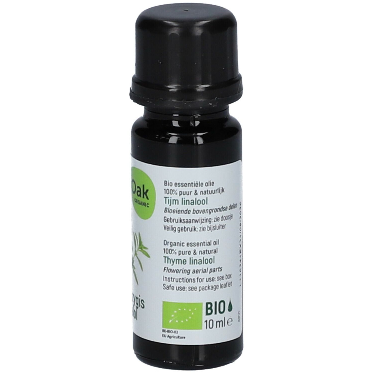 Bruine glazen fles met zwarte dop. Etiket met productnaam, plantillustratie en bio-keurmerk.