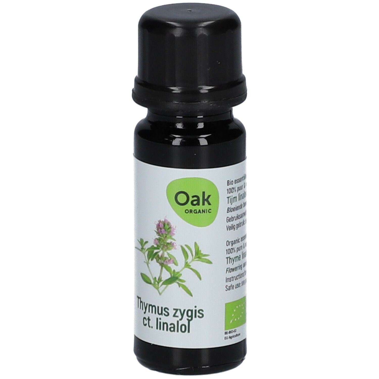Bruine glazen fles met zwarte dop. Etiket met productnaam, plantillustratie en bio-keurmerk.
