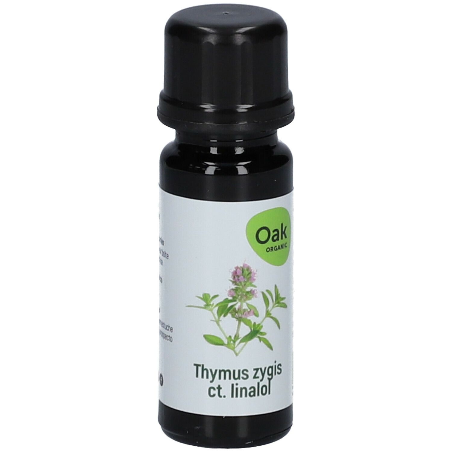 Bruine glazen fles met zwarte dop. Etiket met productnaam, plantillustratie en bio-keurmerk.