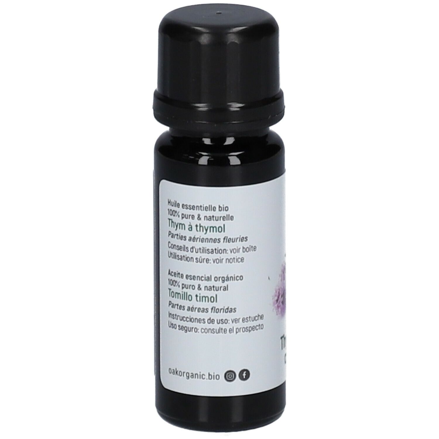 Braune Glasflasche mit schwarzem Deckel. Etikett mit Text: Huile essentielle bio, Thym à thymol, 100% pure & naturelle.