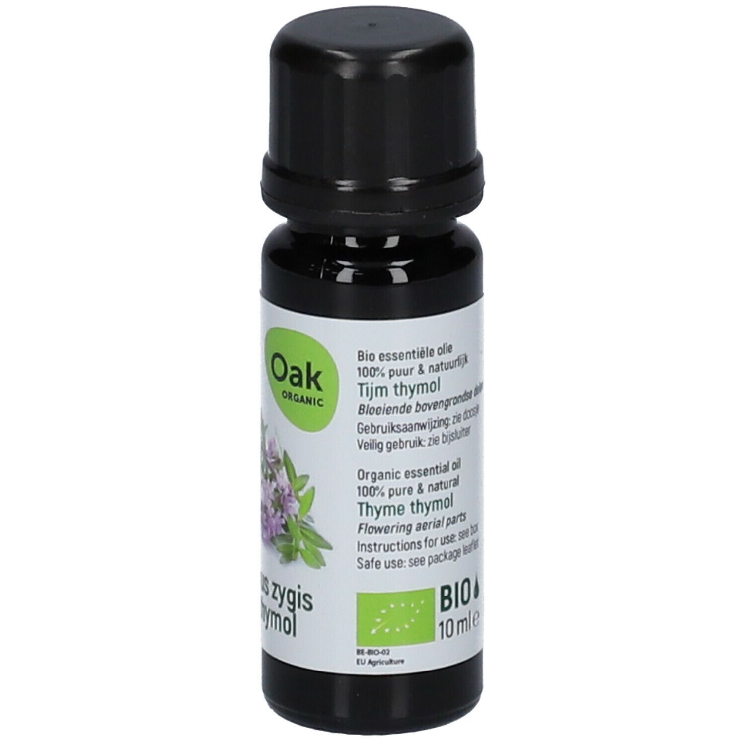 Braune Glasflasche mit schwarzem Deckel. Etikett mit Text: Oak Organic, BIO, 10 ml, und Thymian-Illustration.