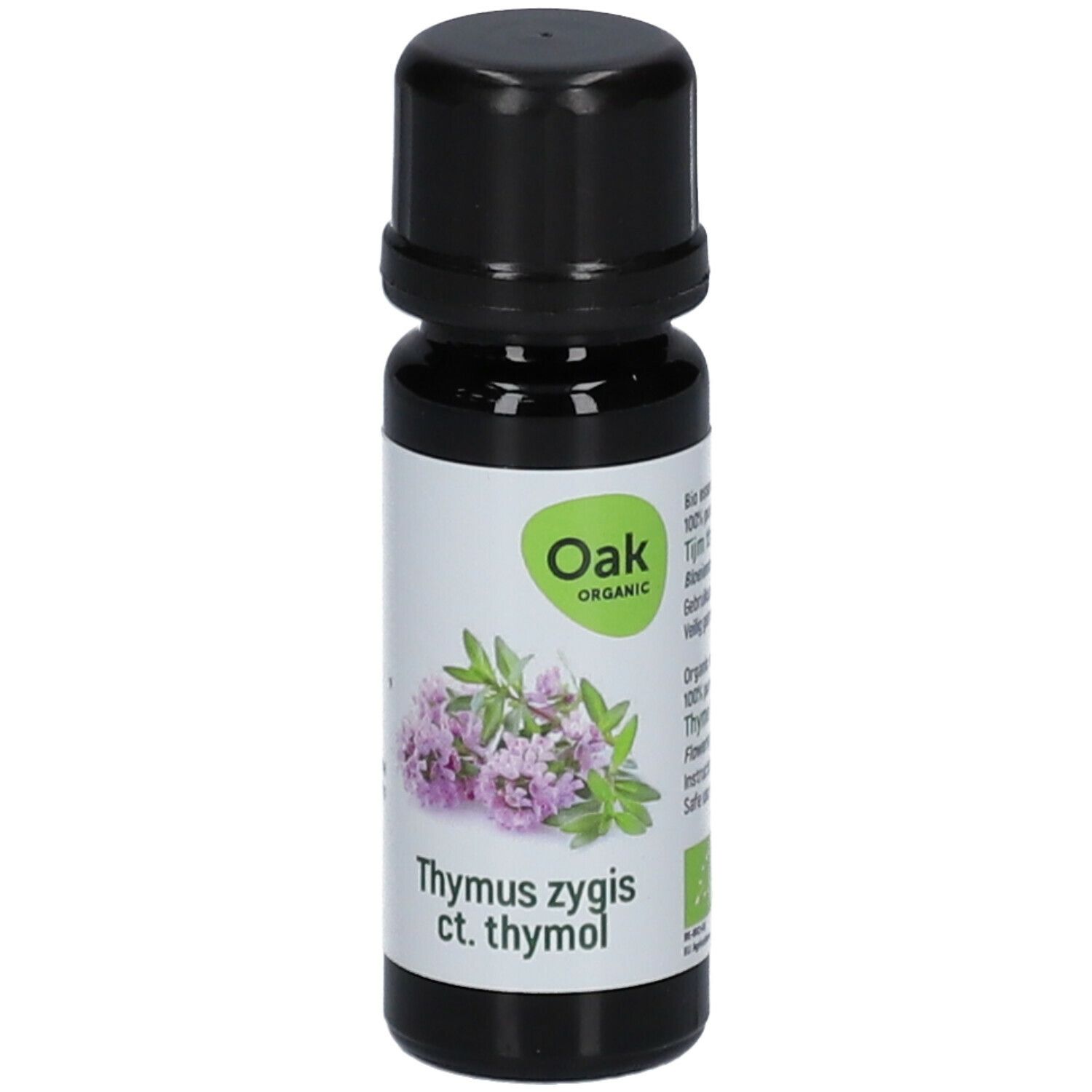 Braune Glasflasche mit schwarzem Deckel. Etikett mit Text: Oak Organic, Thymus zygis ct. thymol, und Thymian-Illustration.