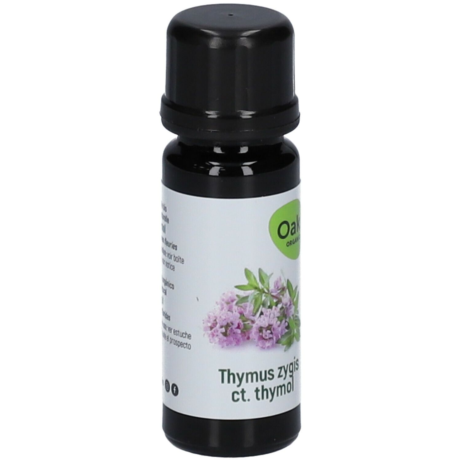 Braune Glasflasche mit schwarzem Deckel. Etikett mit Text: Oak Organic, Thymus zygis ct. thymol, und Thymian-Illustration.