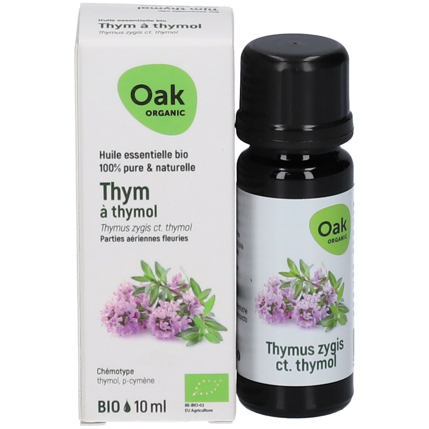 Braune Glasflasche und Kartonverpackung. Verpackung mit Text: Oak Organic, Thym à thymol, BIO, 10 ml, und Thymian-Illustration.