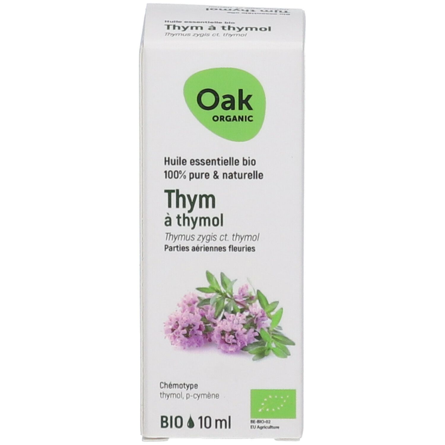 Kartonverpackung mit Text: Oak Organic, Thym à thymol, BIO, 10 ml, und Thymian-Illustration. Grünes BIO-Siegel.