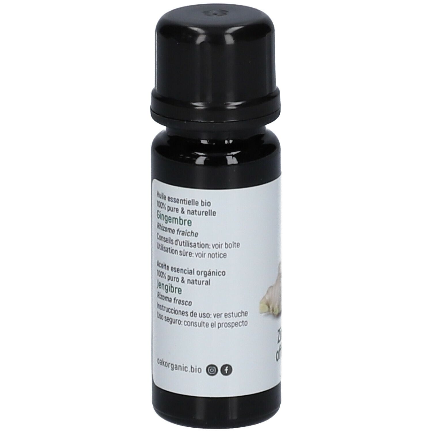Flacon en verre brun avec bouchon noir. Dos avec texte. Oak organic. Texte: Huile essentielle bio, Gingembre.