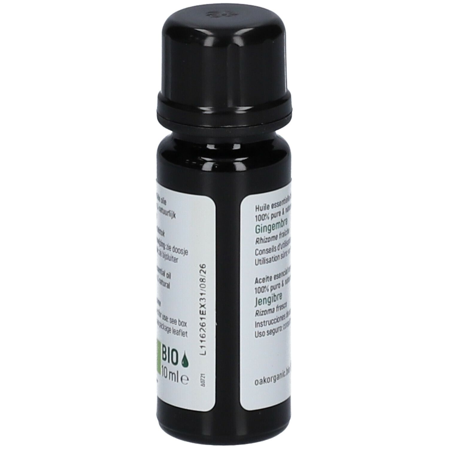 Flacon en verre brun avec bouchon noir. Étiquette avec texte. Oak organic. Texte: Huile essentielle bio, Gingembre. BIO.