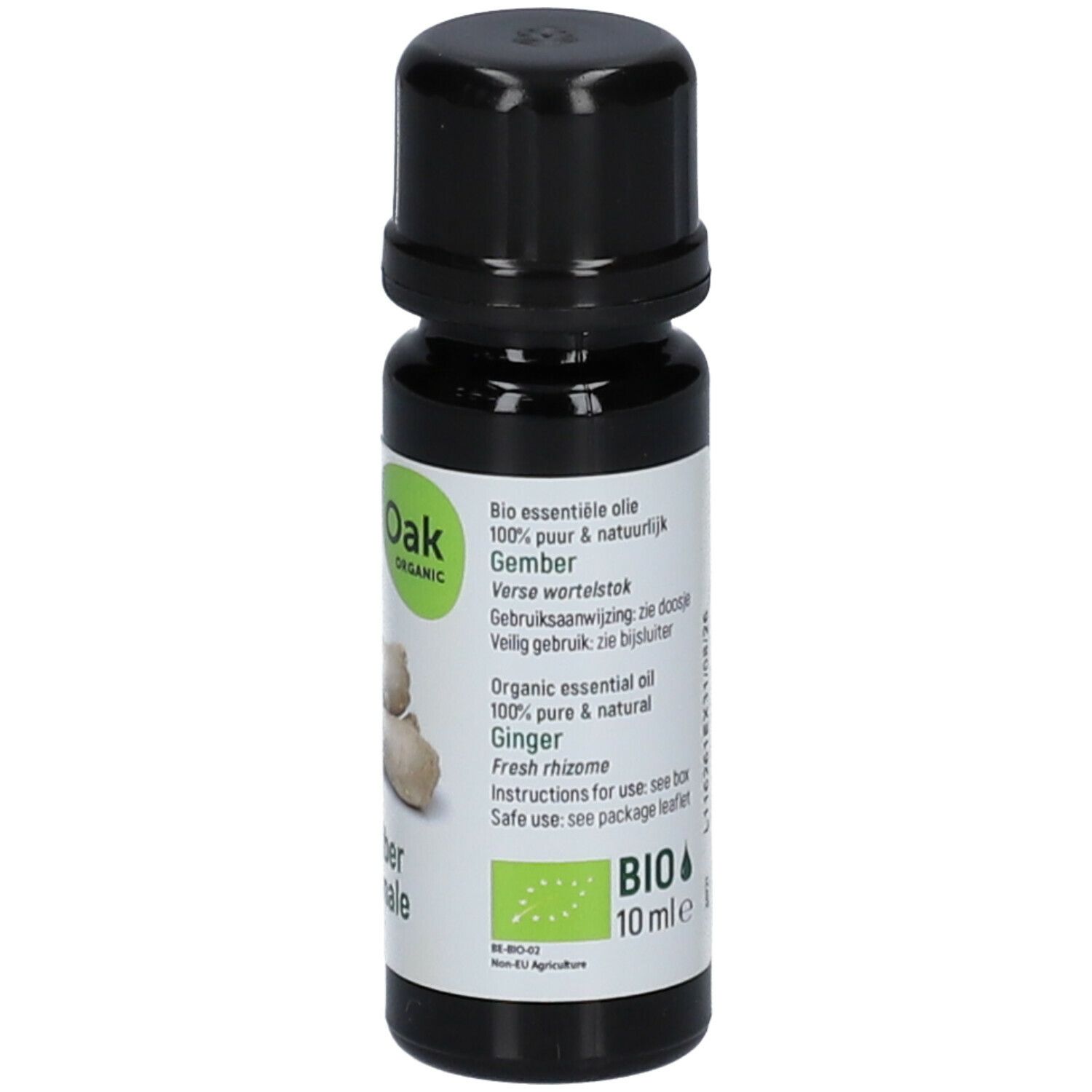 Flacon en verre brun avec bouchon noir. Étiquette avec image de gingembre et logo Oak. Texte: Gember, BIO, 10 ml.