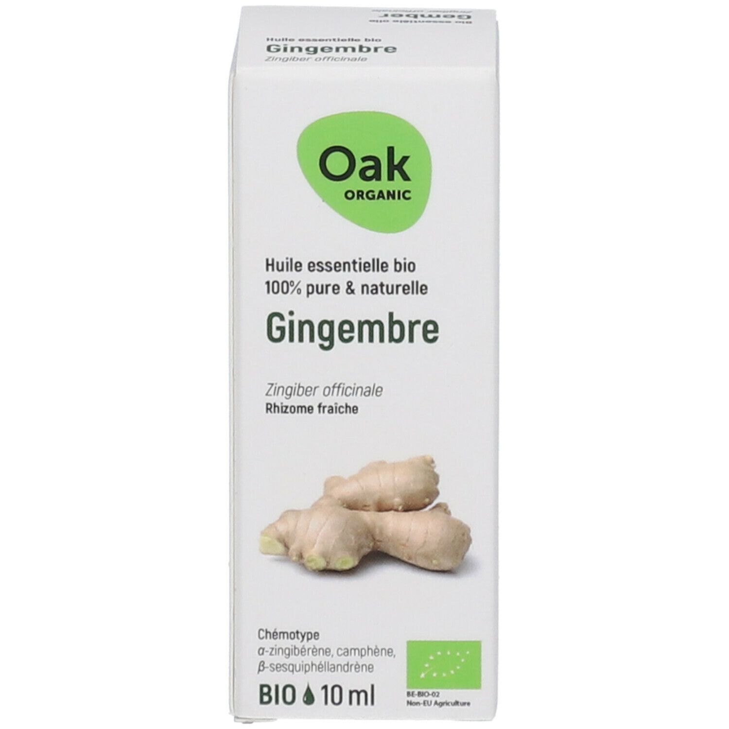 Emballage produit blanc. Logo Oak, image gingembre, texte: Huile essentielle bio, Gingembre. Label BIO, 10 ml.