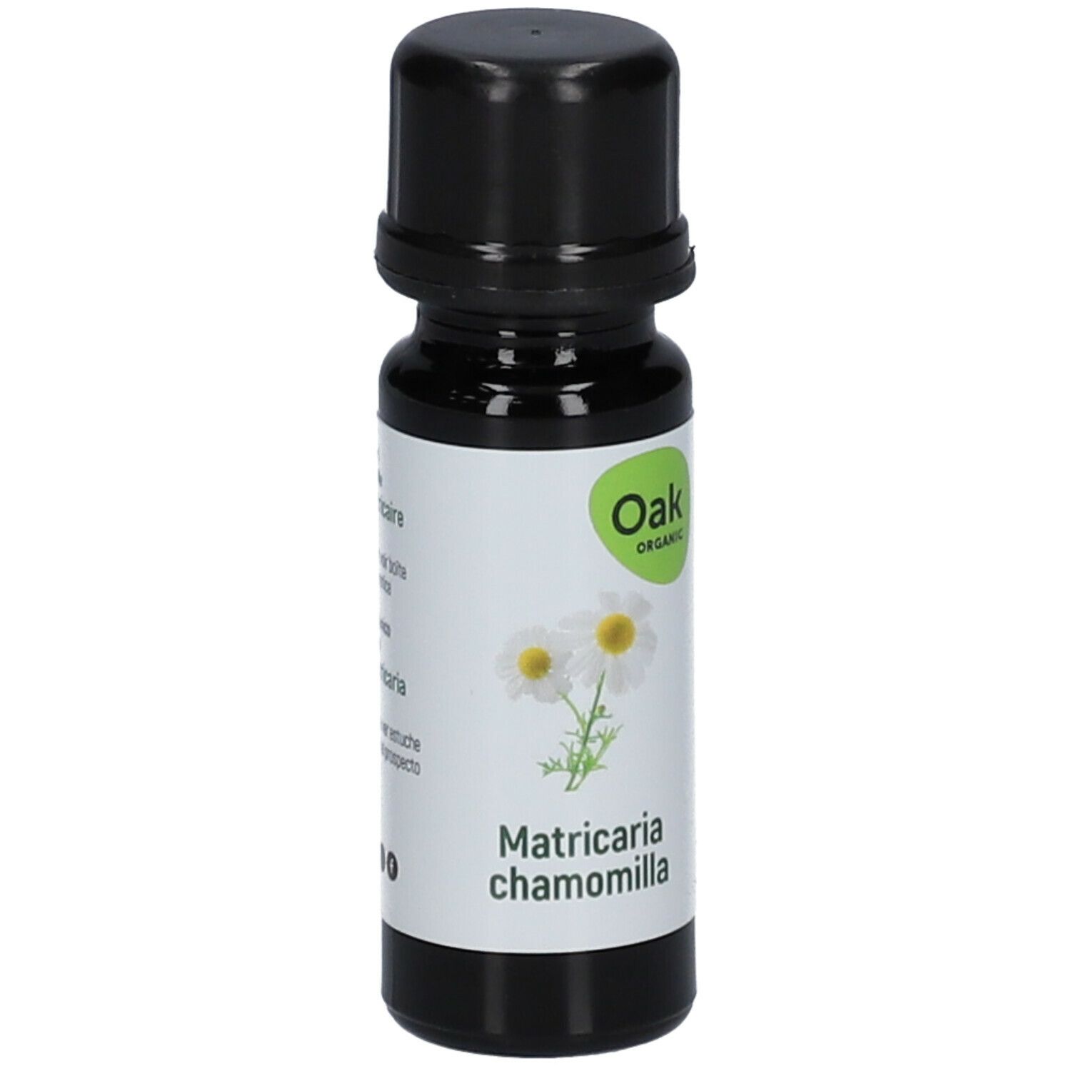 Bruine glazen fles met zwarte dop. Etiket met kamillebloemen en tekst 'Matricaria chamomilla'. 'Oak Organic' logo.