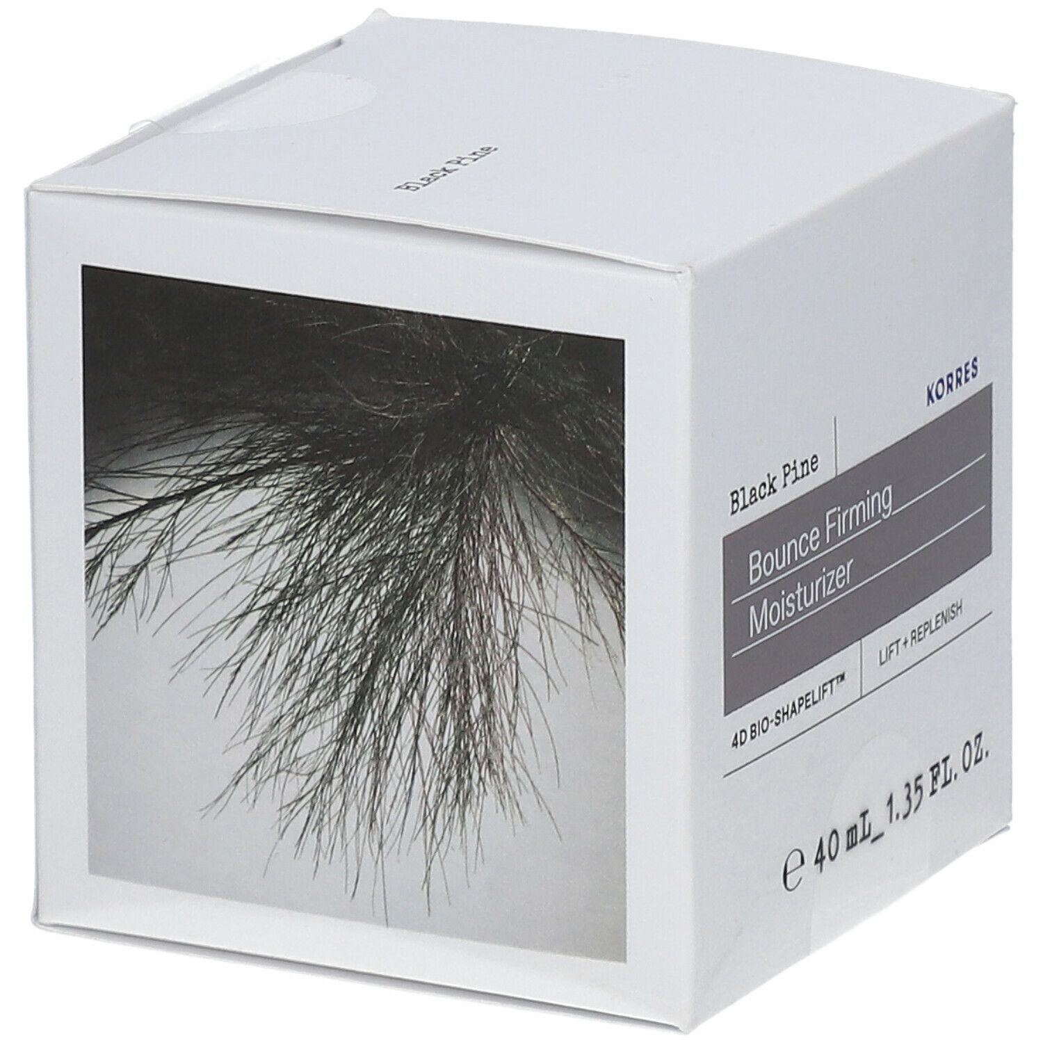 Witte doos met productafbeelding. Opschrift: Black Pine, Bounce Firming Moisturizer, KORRES, 4D BIO-SHAPELIFT, Lift + Replenish.