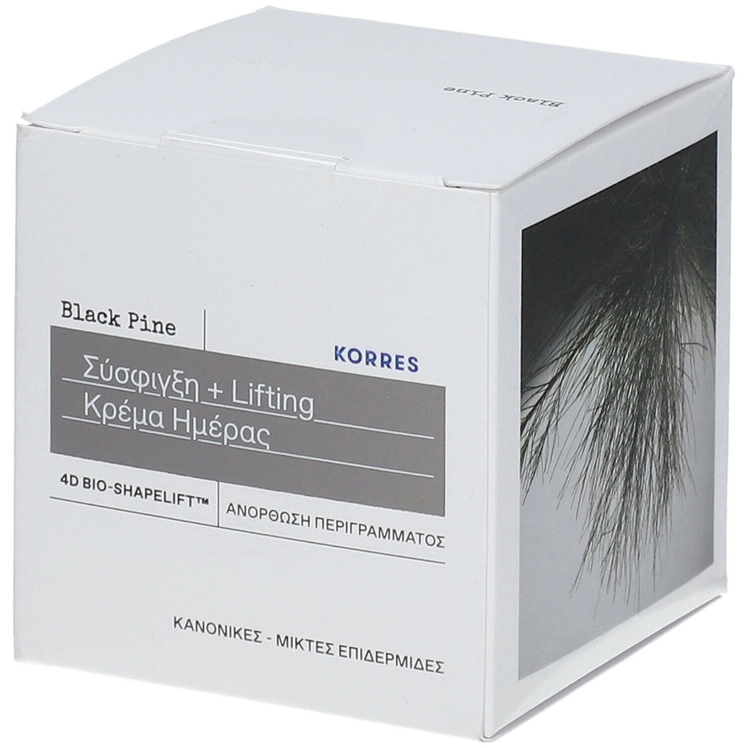 Witte doos met productinformatie in het Grieks. Opschrift: Black Pine, KORRES, 4D BIO-SHAPELIFT.