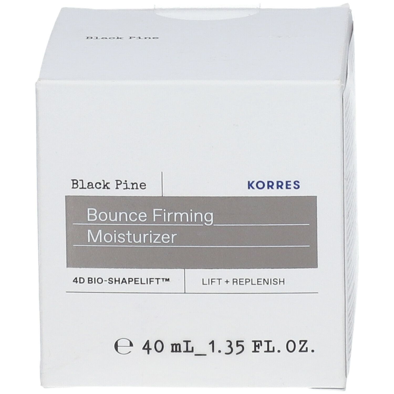 Witte doos met productinformatie. Opschrift: Black Pine, Bounce Firming Moisturizer, KORRES, 4D BIO-SHAPELIFT, Lift + Replenish.