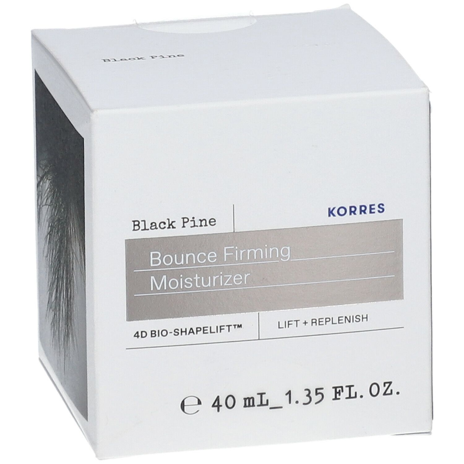 Witte doos met productafbeelding. Opschrift: Black Pine, Bounce Firming Moisturizer, KORRES, 4D BIO-SHAPELIFT, Lift + Replenish.
