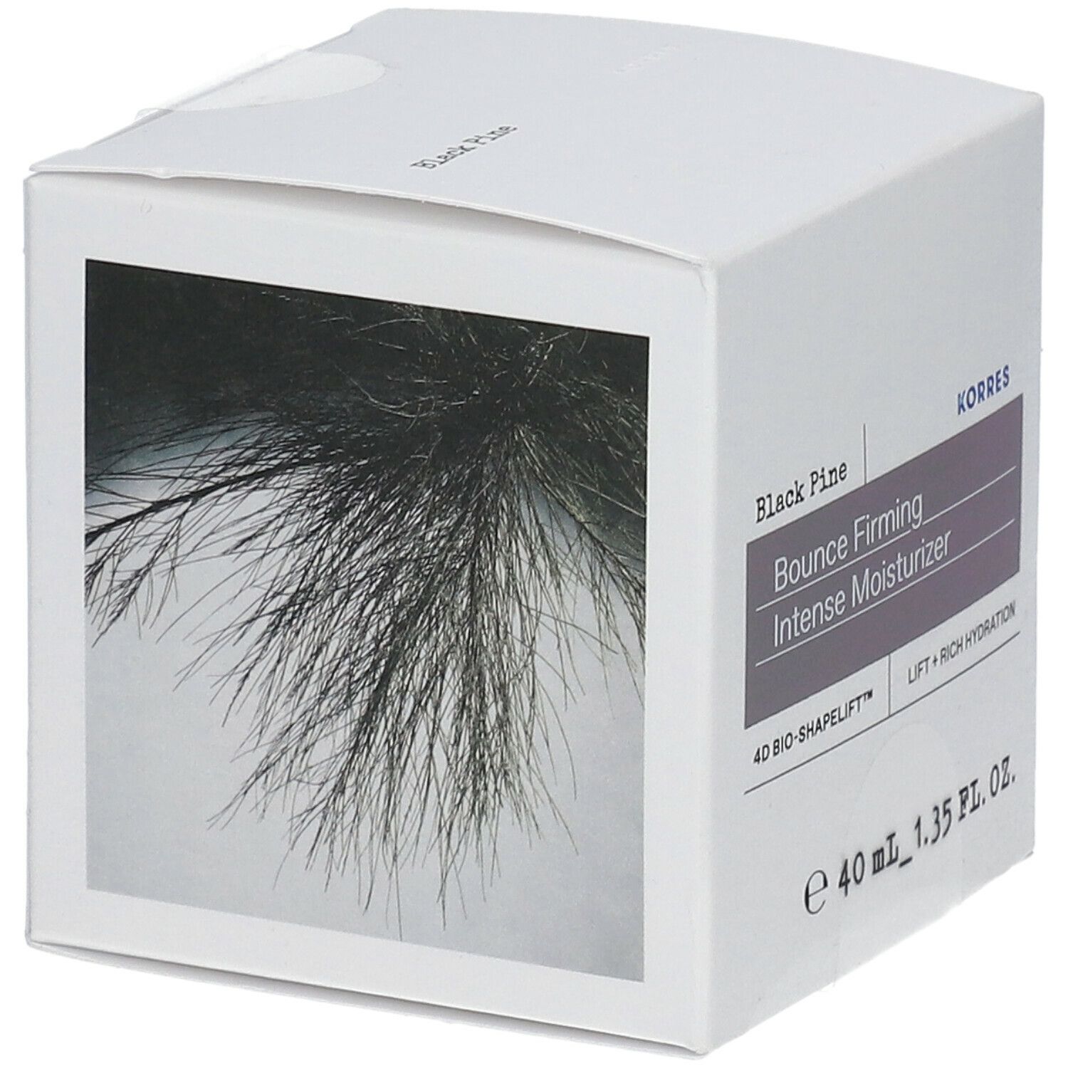 Boîte blanche avec informations produit et image de branches de conifères. Inscription: Black Pine, Bounce Firming Intense Moisturizer, KORRES.