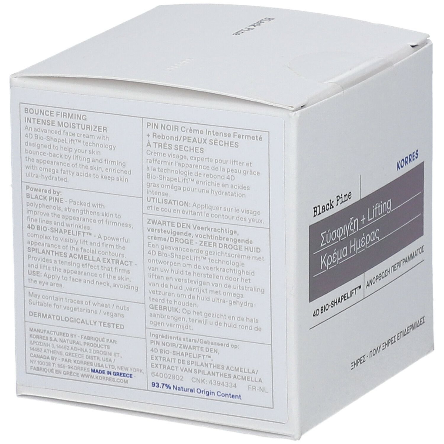 Boîte blanche avec informations produit en plusieurs langues. Inscription: Black Pine, KORRES, 93.7% Natural Origin Content.
