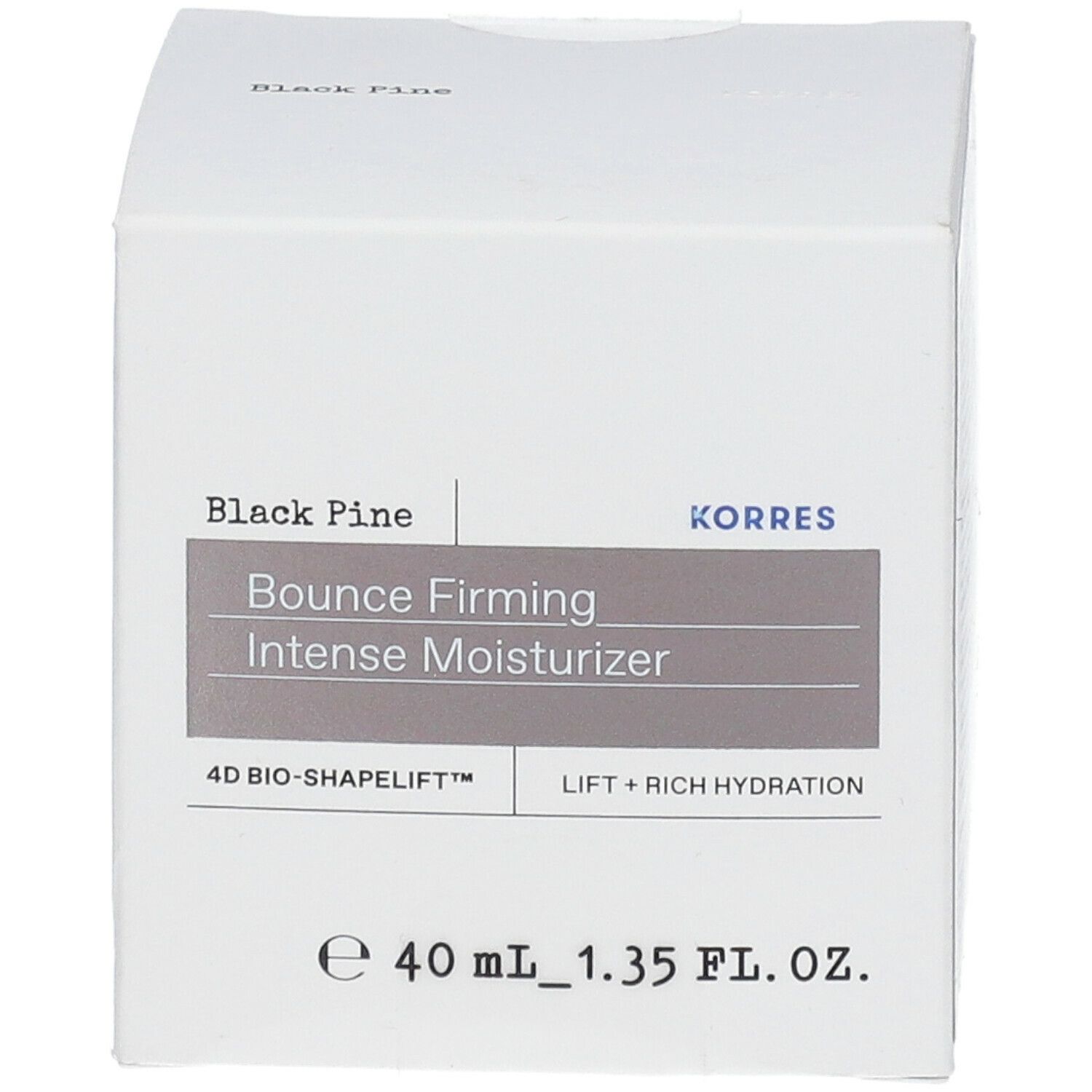 Boîte blanche avec informations produit. Inscription: Black Pine, Bounce Firming Intense Moisturizer, KORRES, 40 ml.