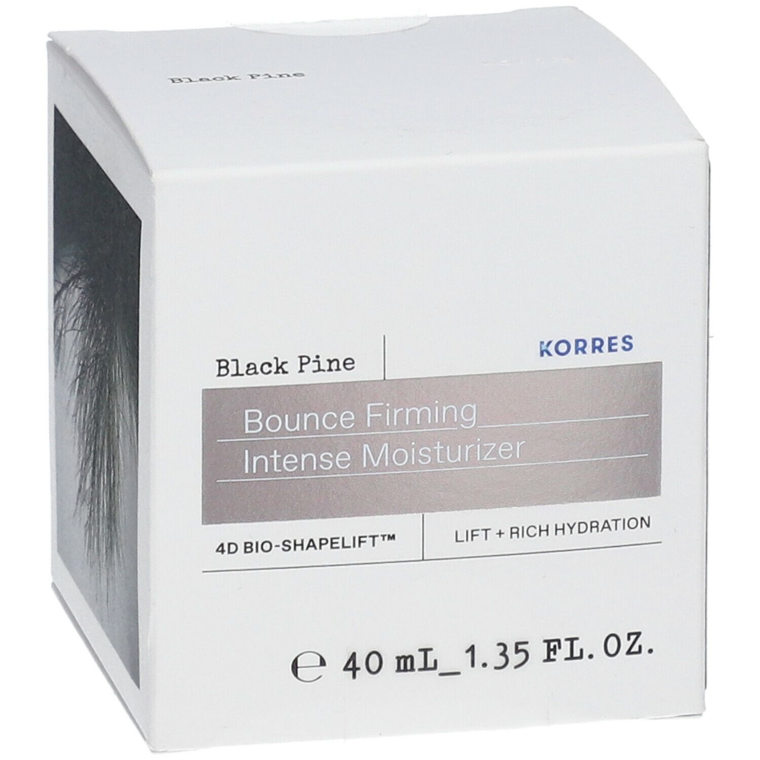 Boîte blanche avec informations produit et image de branches de conifères. Inscription: Black Pine, Bounce Firming Intense Moisturizer, KORRES.