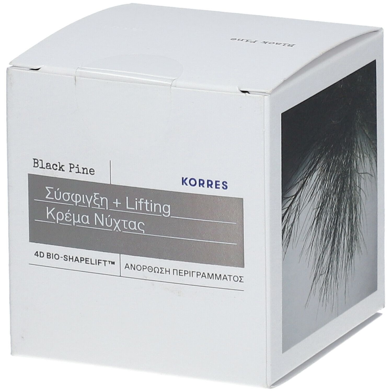 KORRES® 4D BIO Shapelift™ Nachtcreme-Verpackung. Weißer Karton mit griechischer Produktbezeichnung und Logo.