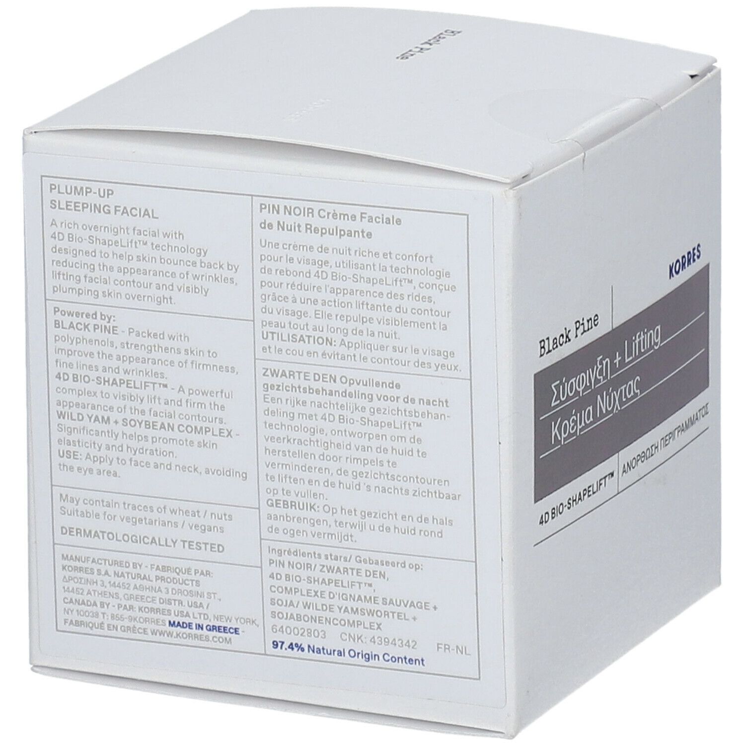 KORRES® 4D BIO Shapelift™ Nachtcreme-Verpackung. Rückseite des Kartons mit Produktinformationen in mehreren Sprachen.