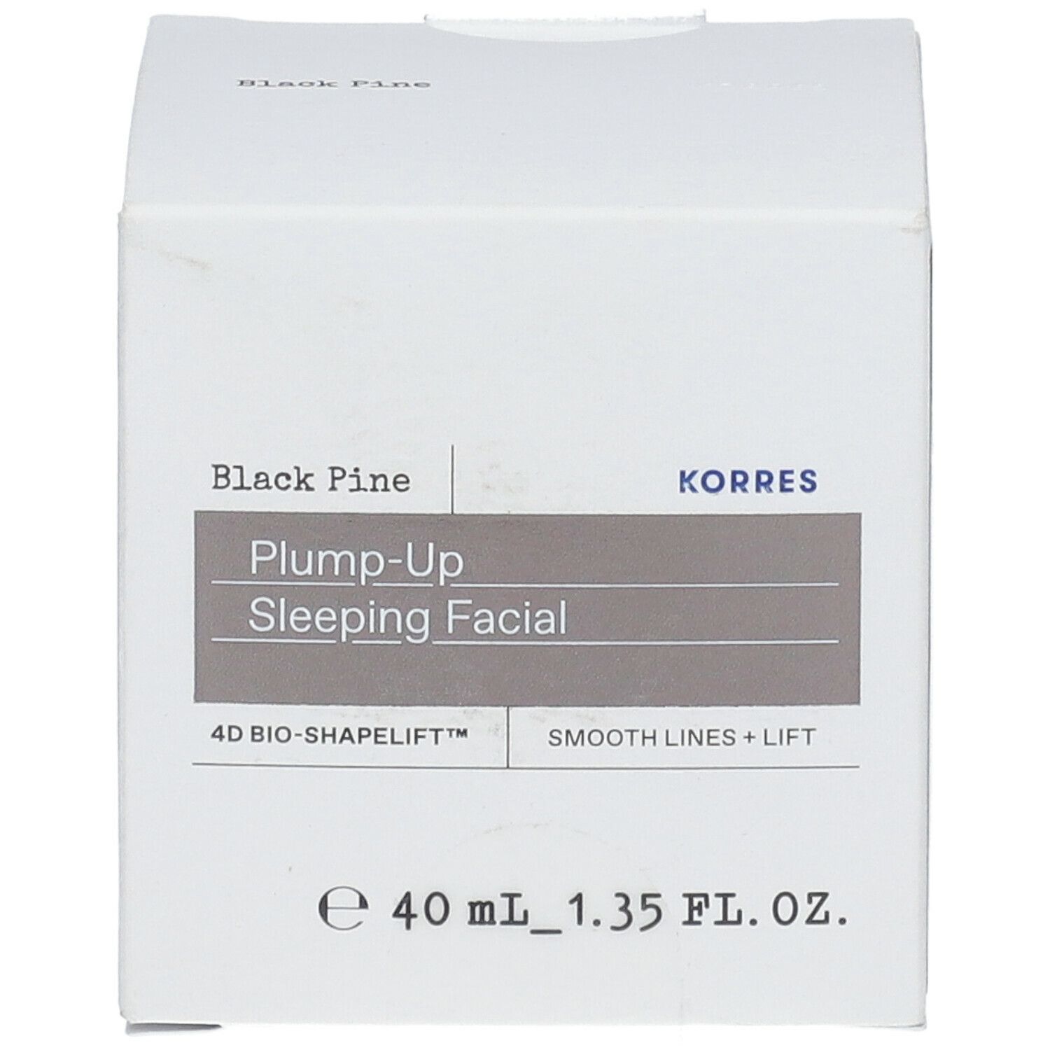 KORRES® 4D BIO Shapelift™ Nachtcreme-Verpackung. Weißer Karton mit Produktnamen und Logo. Volumen: 40 ml.