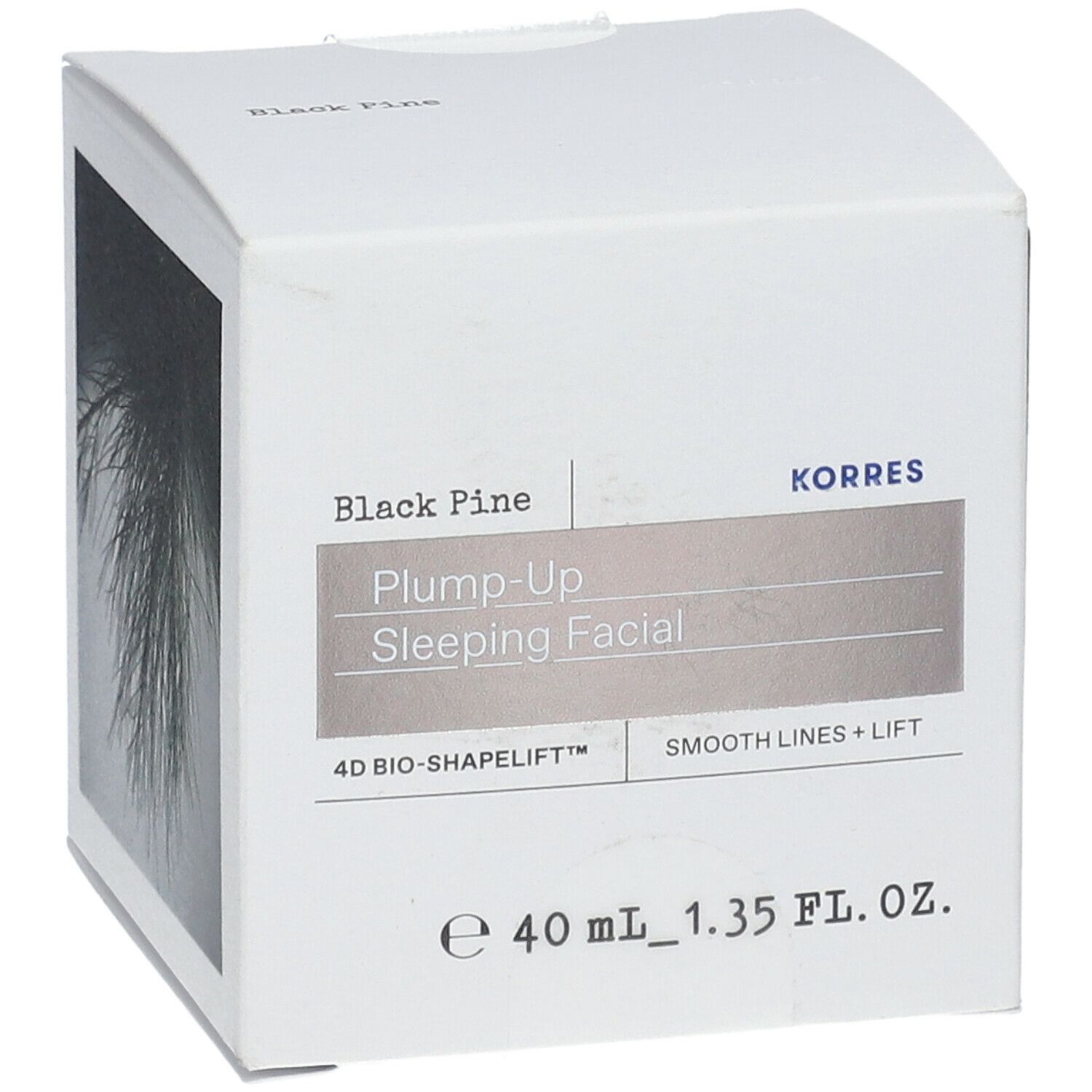 KORRES® 4D BIO Shapelift™ Nachtcreme-Verpackung. Weißer Karton mit Kiefern-Illustration und Produktnamen.